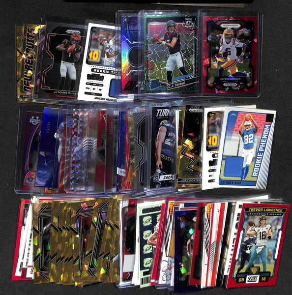 Lot of (80+) Various Football Cards inc. 2024 Prizm Draft Picks Jayden Daniels RC Red Cracked Ice, 2023 Donruss Optic C.J. Stroud Green Lazer, 2023 Zenith C.J. Stroud Patch